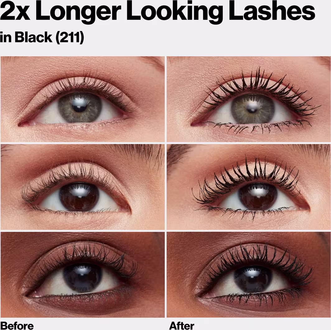 Máscara de cílios alongadora da marca Revlon, na cor preta (211). A imagem mostra seis fotos de olhos femininos, com três olhos à esquerda representando o "antes" e três olhos à direita representando o "depois" da aplicação do produto.