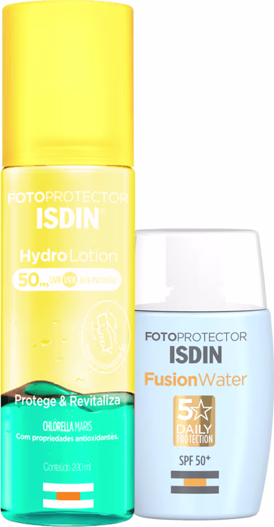 Kit ISDIN HydroLotion Fotoprotector + Fusion Water FPS50, 2 produtos.
