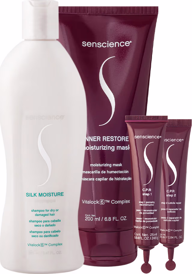 Produtos de cuidados capilares da marca Senscience, incluindo um shampoo Silk Moisture, uma máscara Inner Restore e dois tratamentos CPR