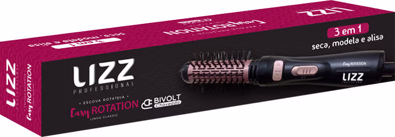 Escova secadora Lizz Professional. O dispositivo em si possui um design compacto e preto, com detalhes em tom de rosa, indicando tratar-se de um modelador de cabelos com função de rotação.