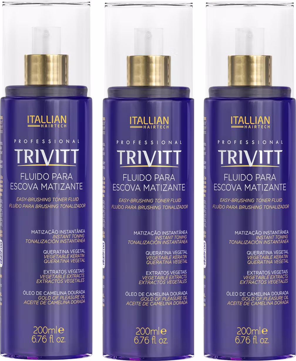 Três frascos de 200ml do produto Trivitt da Itallian Hairtech, um fluido para escova matizante, com embalagem roxa e detalhes dourados, contendo informações sobre os ingredientes vegetais e o óleo de camélias.