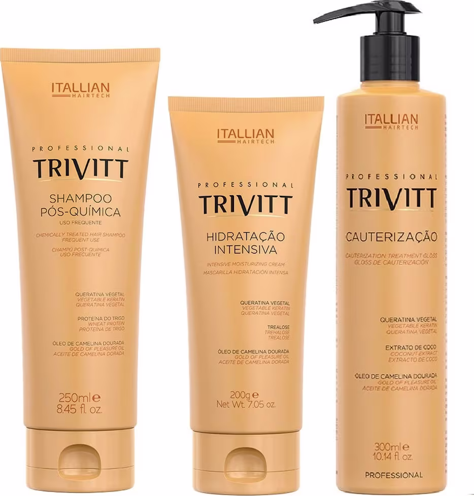 Três produtos da marca Itallian Hairtech: shampoo pós-química, creme hidratante intensivo e tratamento de cauterização, em embalagens de plástico com design minimalista em tons de amarelo e preto.