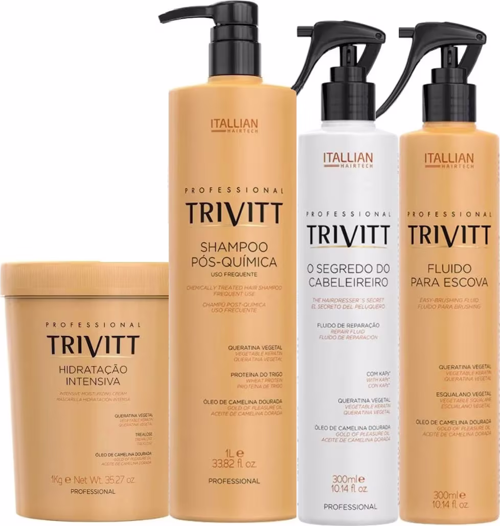 Produtos de cabelo da marca Itallian Hairtech, incluindo shampoo, fluido para escova e hidratação intensiva em embalagens plásticas e metálicas com cores predominantes amarelo e branco.