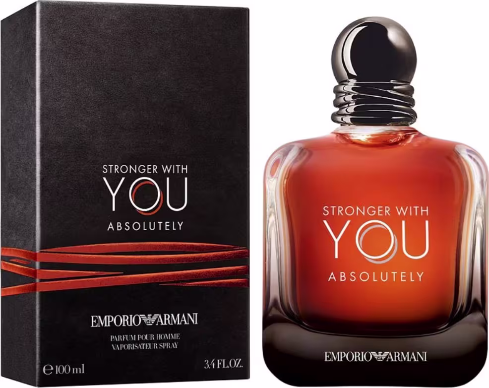 Frasco de perfume masculino da marca Emporio Armani, chamado "Stronger with You Absolutely", com embalagem preta e laranja, contendo 100 ml do produto.