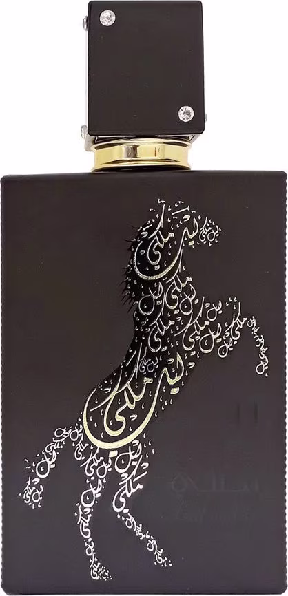Frasco de perfume preto da marca Lattafa Perfumes, com design elegante e detalhes em dourado. O frasco possui uma tampa destacada e apresenta um padrão de caligrafia árabe em relevo, conferindo um visual sofisticado ao produto.