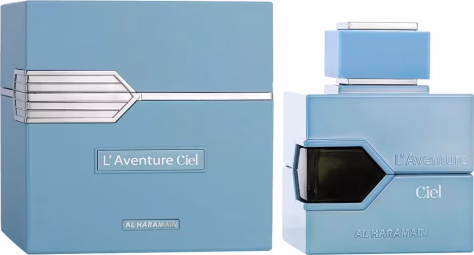 Caixa e frasco de perfume da marca Al Haramain, na cor azul, com detalhes em prata. A embalagem apresenta o nome "L'Aventure Ciel" e o logotipo da marca.