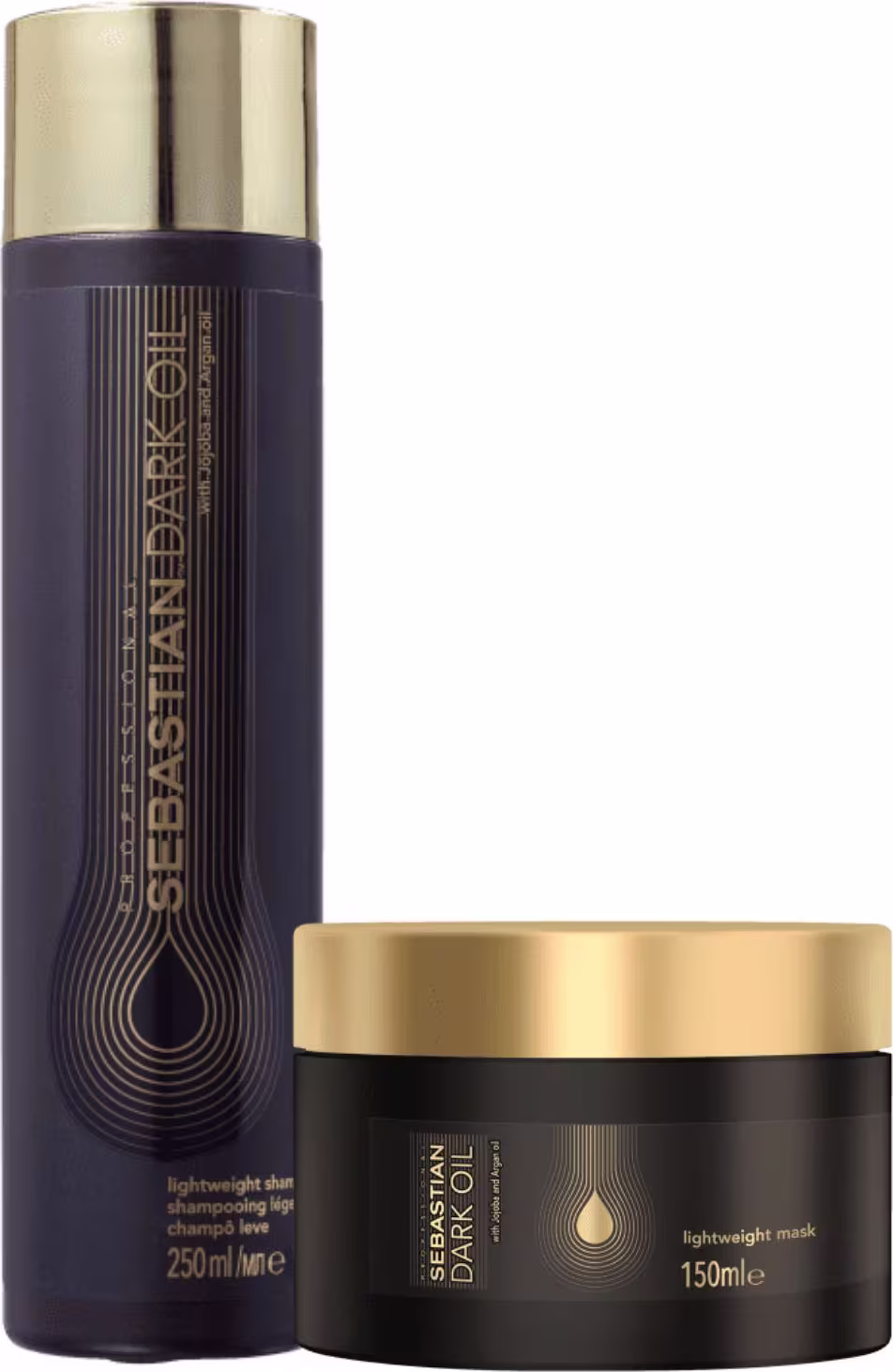 Produtos de cuidado capilar Sebastian Professional. Um shampoo de 250ml. Uma máscara leve em pote preto e dourado de 150ml.