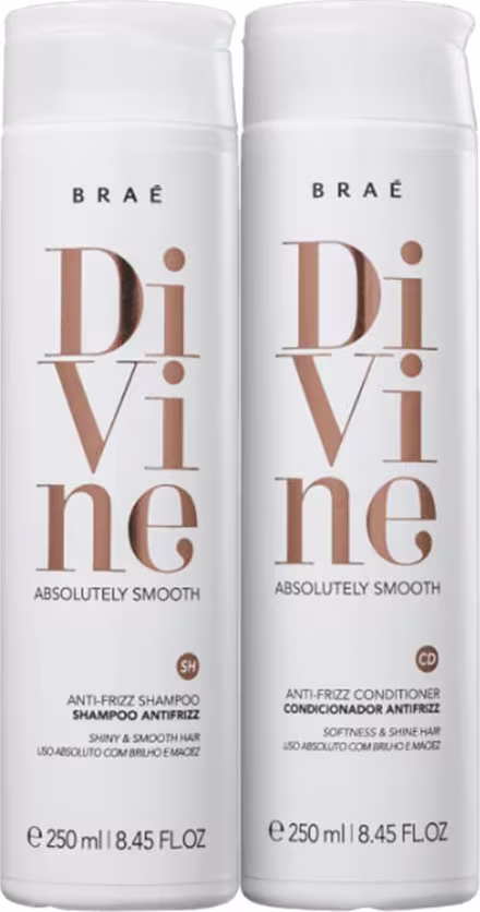 Dois frascos brancos da marca Braé, contendo produtos para cabelos Divine e Divine, com rótulos em tons de marrom. Os frascos possuem 250 ml e são descritos como "Absolutamente lisos".