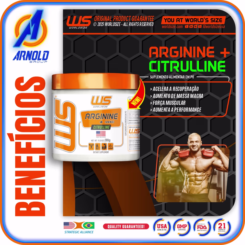 Suplemento Alimentar em Pó Worldsize Arginine + Citrulline, 300g.