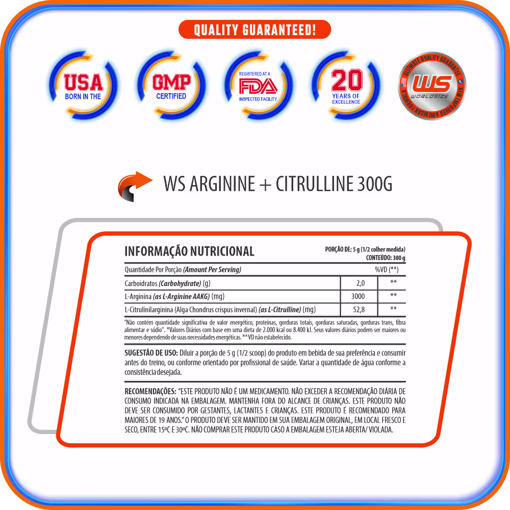 Suplemento Alimentar em Pó Worldsize Arginine + Citrulline, 300g.