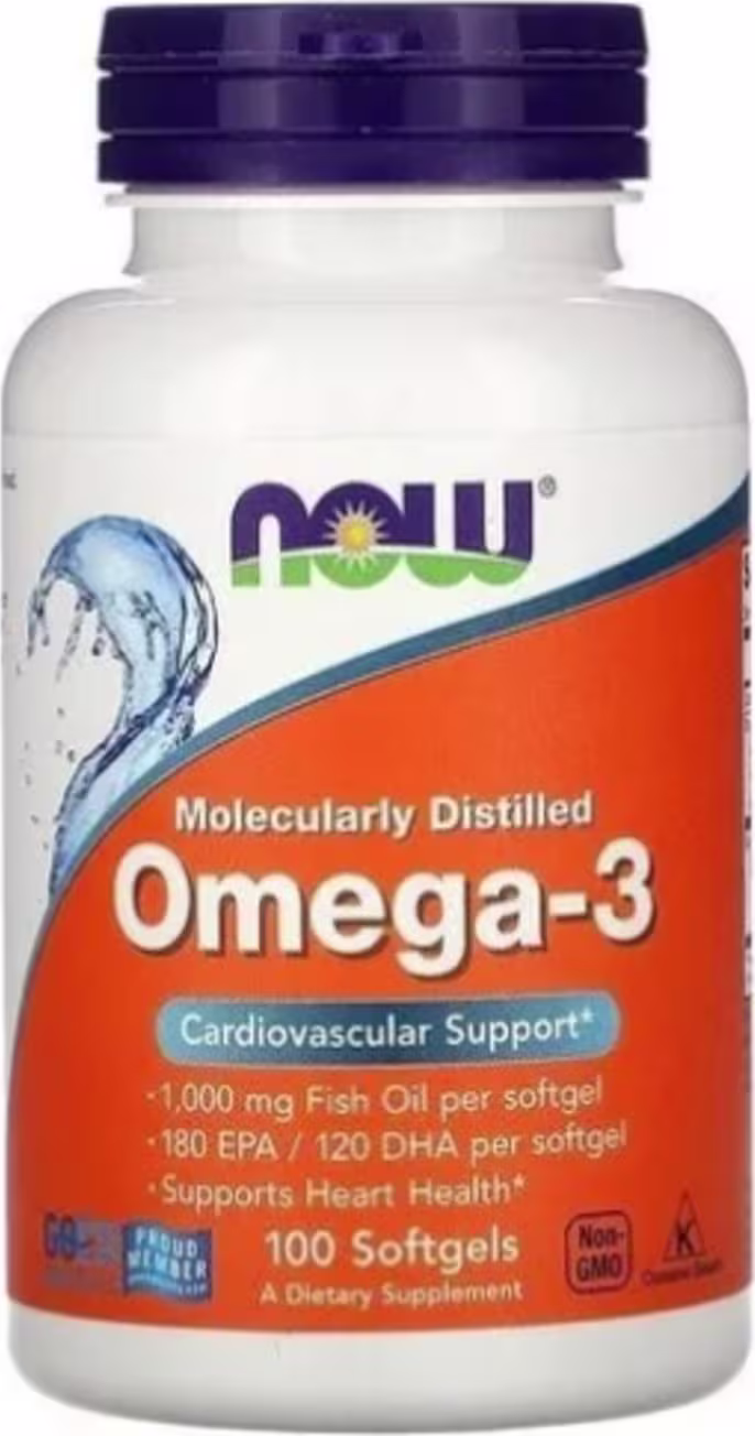 Este é um suplemento alimentar de Omega-3 da marca Now Foods. O produto vem em uma embalagem plástica branca de formato cilíndrico com uma tampa azul escura. A embalagem exibe o logotipo da Now Foods e informações sobre o produto em laranja, azul e preto.