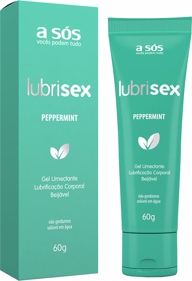 O produto apresentado é um lubrificante íntimo da marca A Sós, com sabor de menta. A embalagem consiste em uma caixa verde e um tubo de gel lubrificante também na cor verde.