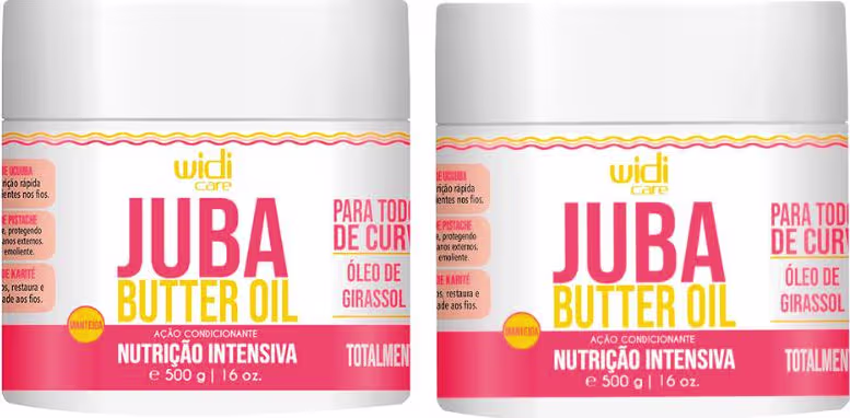 Dois frascos brancos de máscara capilar da marca Widi Care, com rótulos em vermelho e amarelo indicando "Juba Butter Oil" e "Nutrição Intensiva". Cada frasco possui 500g de produto.