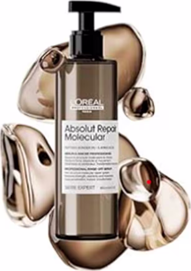 O produto apresentado é um sérum de tratamento capilar da linha L'Oréal Professionnel. É composto por um frasco plástico transparente contendo um líquido de cor âmbar, com uma bomba dosadora preta no topo.