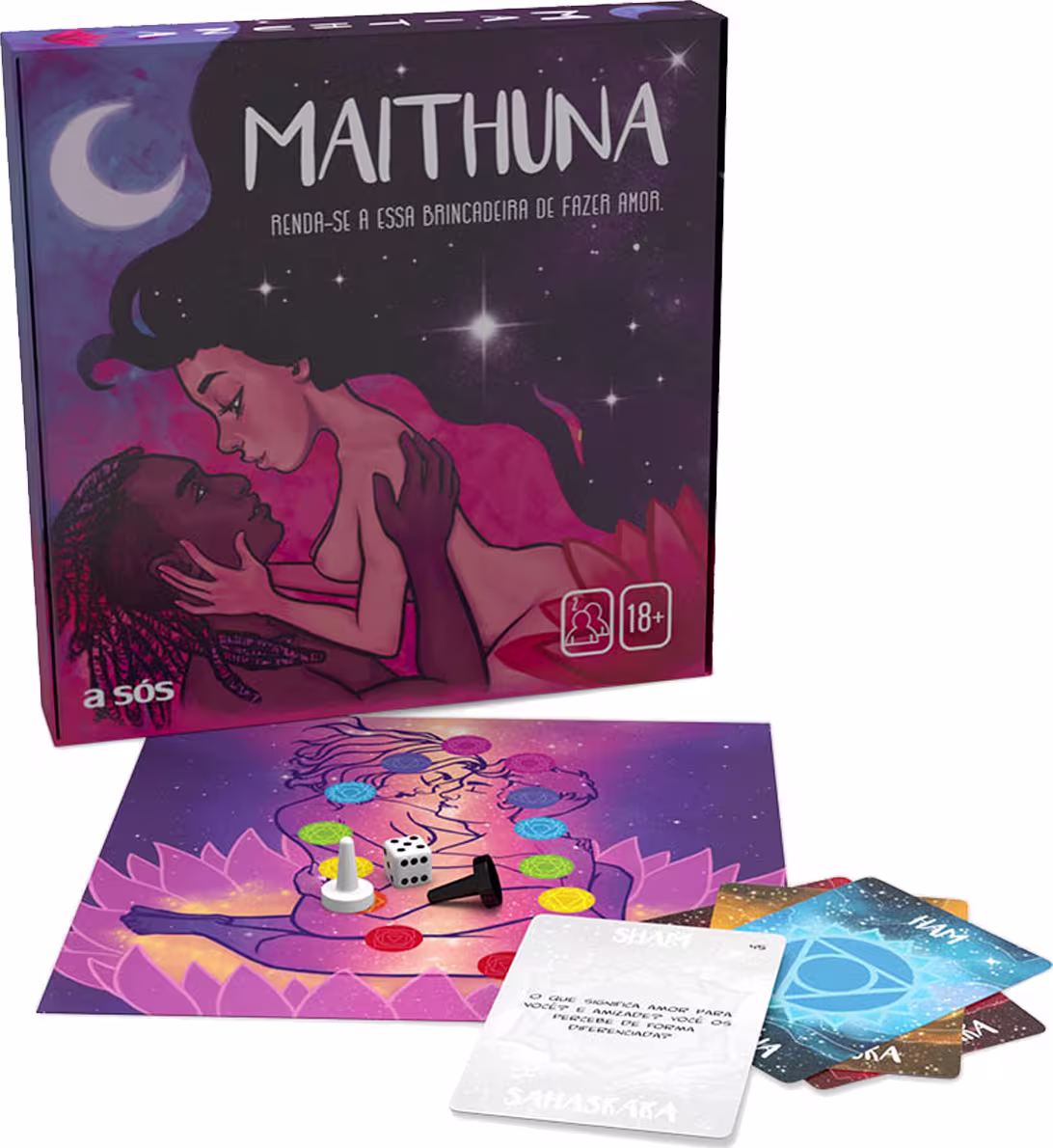 O produto apresentado é um jogo erótico chamado "Maithuna", indicado para adultos acima de 18 anos. A embalagem é uma caixa com ilustrações em tons escuros de roxo e rosa, retratando uma cena íntima entre duas pessoas.