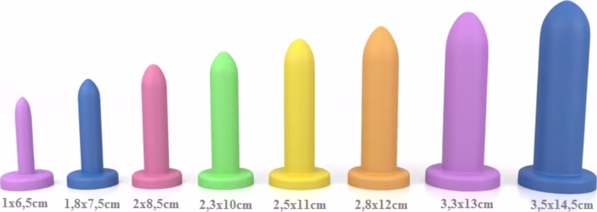 A imagem mostra os 8 dilatadores vaginais em ordem crescente de tamanho
