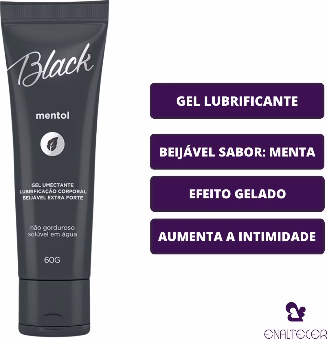 O produto apresentado é um gel lubrificante, com sabor de menta. Texto destaca as principais características do produto, como "Gel lubrificante", "Beijável sabor: menta", "Efeito gelado" e "Aumenta a intimidade".