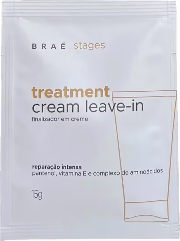 Sachê de tratamento capilar leave-in da marca Braé, com embalagem plástica transparente e rótulo com informações sobre o produto, como "tratamento cream leave-in" e ingredientes como pantenol, vitamina E e complexo de aminoácidos.