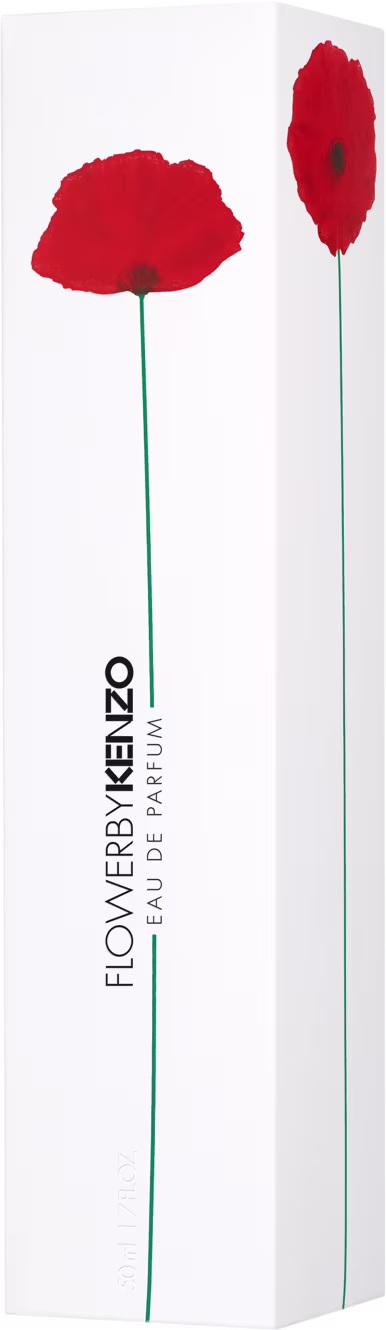 Caixa retangular branca com duas papoulas vermelhas estilizadas impressas na frente. A caixa tem o logotipo "Flower by Kenzo" em letras verdes na parte inferior.