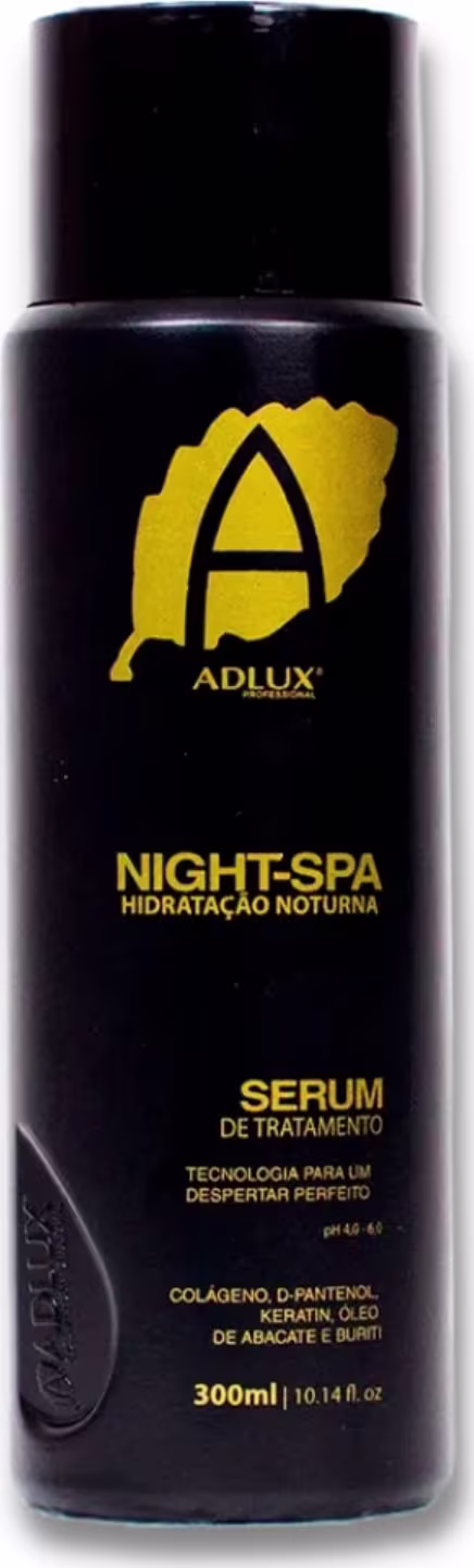 Sérum de tratamento da linha Night-Spa da marca Adlux Cosméticos. A embalagem é um frasco preto com um rótulo amarelo contendo o nome do produto "Night-Spa" e a indicação "Hidratação Noturna". O frasco contém 300ml do produto.