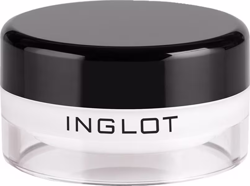 Pote de vidro transparente com tampa preta brilhante, contendo o texto "INGLOT" impresso em preto. O produto possui uma aparência simples e elegante, com um design minimalista.