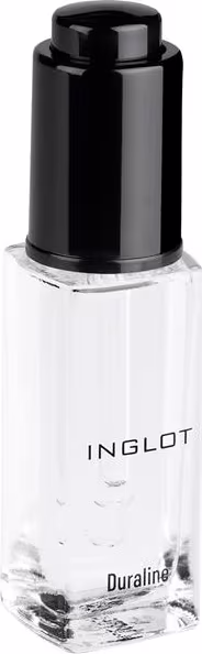 Frasco de vidro transparente com tampa preta da marca INGLOT, contendo um produto da linha Duraline. O rótulo do produto é visível na embalagem.