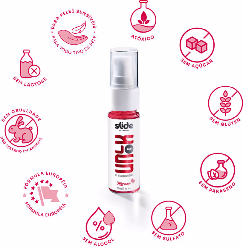 Gel Dessensibilizante Íntimo Slide Cosméticos Unlok Morango, 15ml.