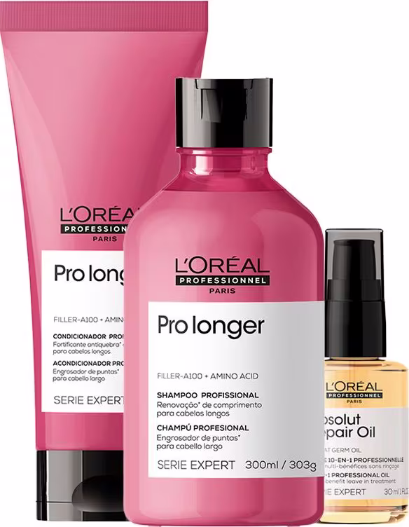 Kit L'Oréal Professionnel Pro Longer + Absolut Repair Triple Care, 3 produtos.