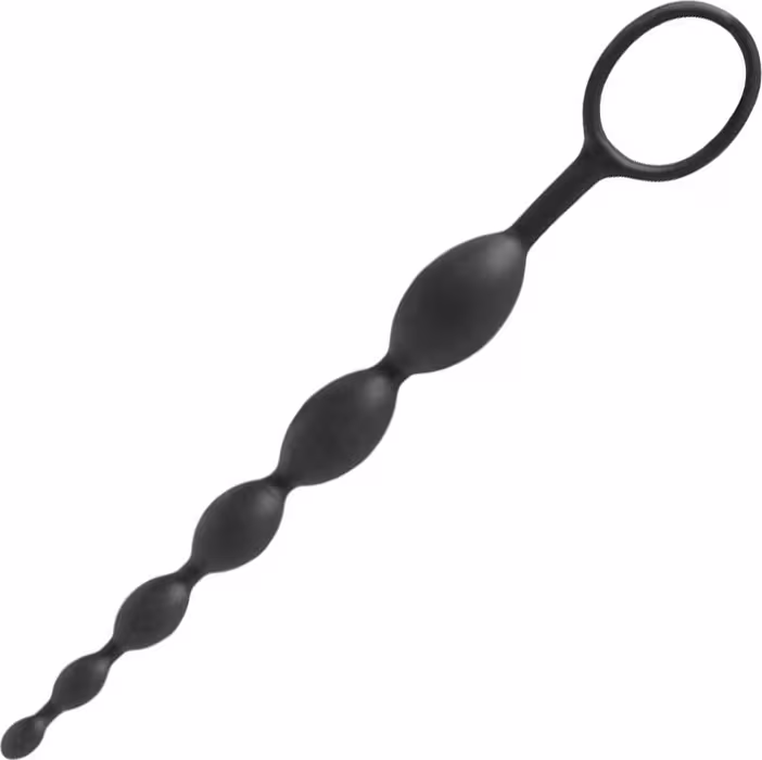 Trata-se de um acessório íntimo de silicone preto com formato ondulado e alça. O produto possui design discreto e minimalista, adequado para uso pessoal.