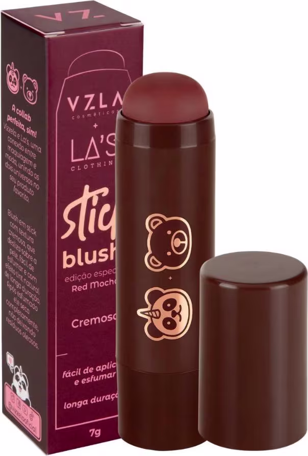Stick blush da marca Vizzela Cosméticos. Embalagem em formato de bastão, na cor vinho-marrom.