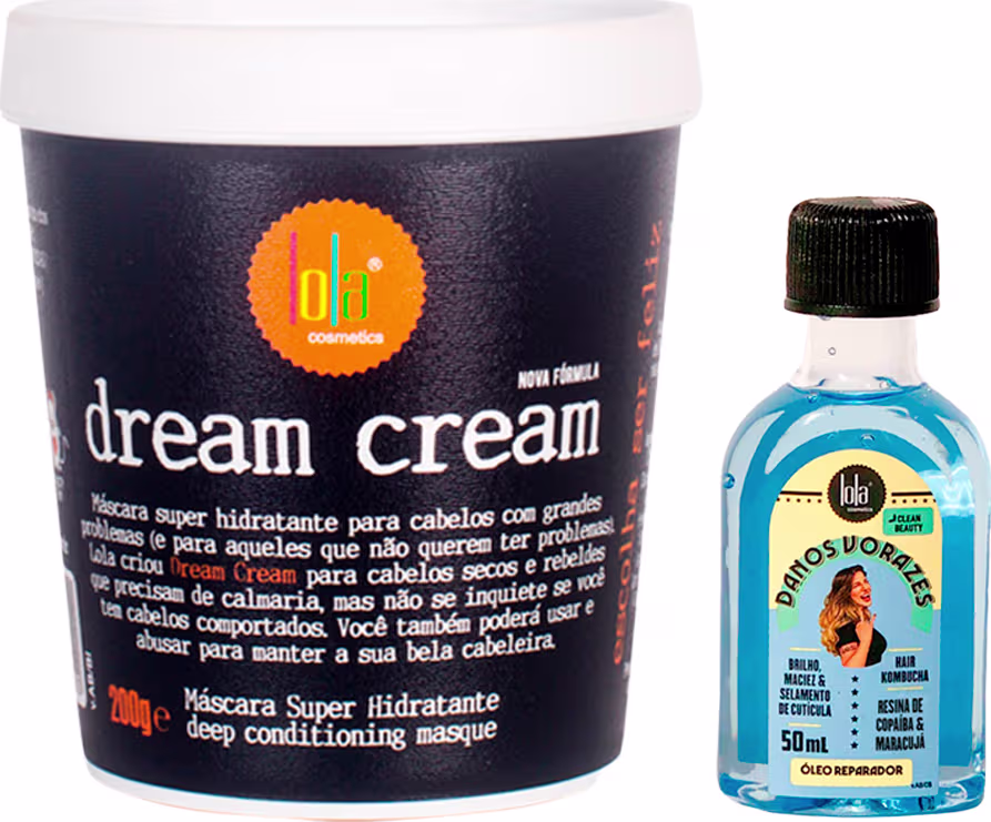 A imagem mostra o pote redondo da máscara Dream Cream de lola e ao lado o frasco pequeno do óleo capilar Danos Vorazes.