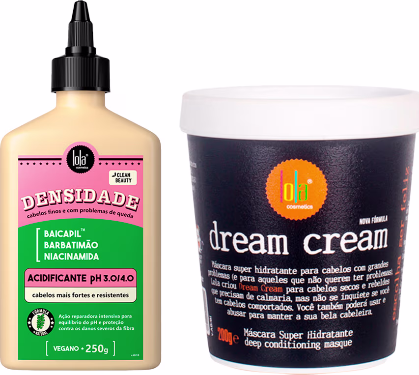 A imagem mostra 2 produtos de Lola From Rio, um acidificante de frasco retangular com tampa em formato de bico dosador e um pote redondo de máscara capilar.