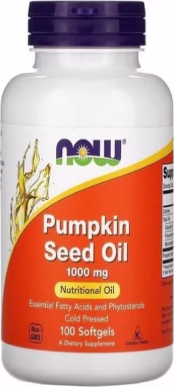 Este é um suplemento alimentar de óleo de semente de abóbora da marca Now Foods. O produto vem em um frasco branco com tampa azul escura. A embalagem tem uma etiqueta laranja com o nome do produto "Pumpkin Seed Oil"