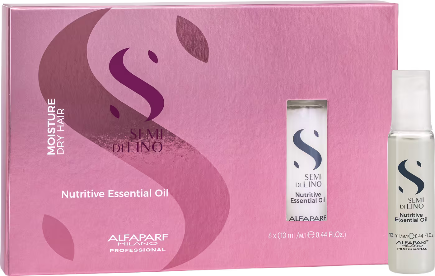 Caixa rosa com logotipo da Alfaparf Milano contendo frascos de ampola da linha Semi di Lino Moisture Nutritive Essential Oil