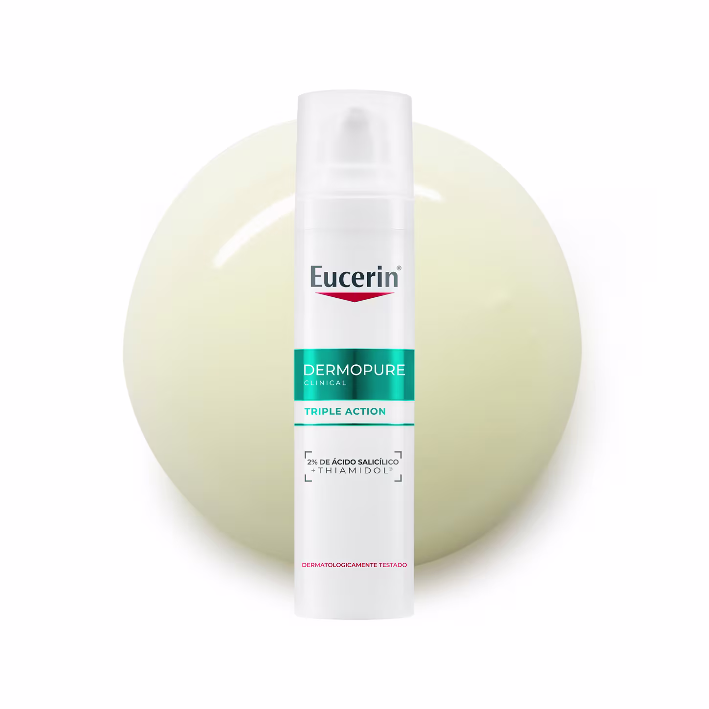 Frasco branco com logotipo da marca Eucerin, contendo produto de cuidados para a pele com textura cremosa, brilhante e transparente, em fundo amarelo claro.