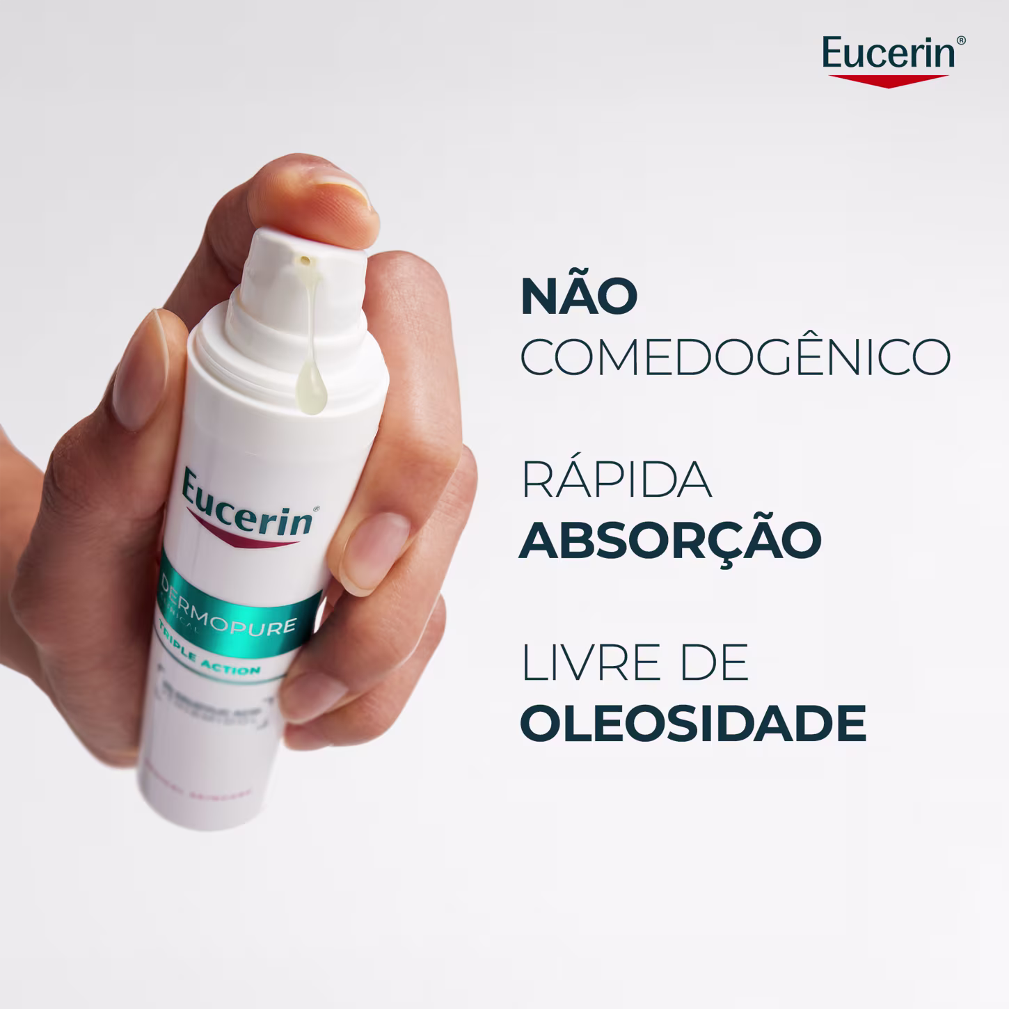 Embalagem branca de item de perfumaria da marca Eucerin com texto "Não comedogênico, rápida absorção, livre de oleosidade" e imagem de mão segurando o produto.