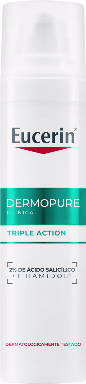 Frasco branco de item de perfumaria da marca Eucerin, com rótulo verde e texto "Dermopure Clinical Triple Action" e "2% de ácido salicílico + Thiamidol".