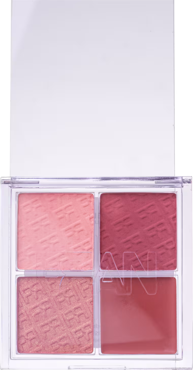 Paleta de blush com quatro tons de rosa.
