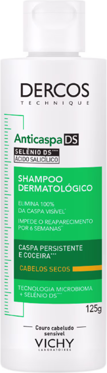Frasco branco de shampoo dermatológico da marca Dercos Technique, da Vichy, com rótulo verde e amarelo. Contém 125g de produto e promete eliminar 100% da caspa visível e impedir o reaparecimento por 4 semanas.