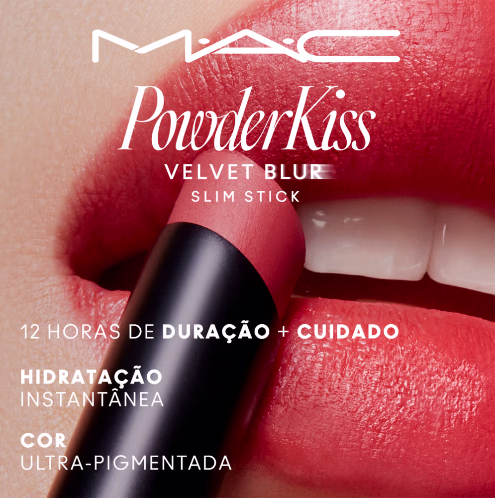A imagem mostra a boca de uma mulher passando o batom e, em cima da imagem, com letras brancas, informações sobre marca, linha, tipo de produto e duração nos lábios.