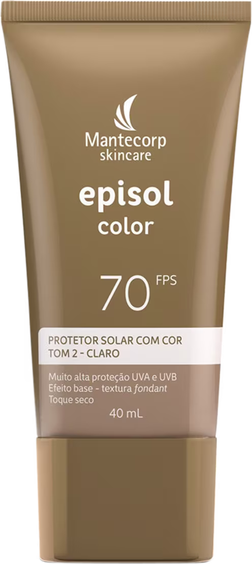 Embalagem plástica flexível bege com detalhes em branco.