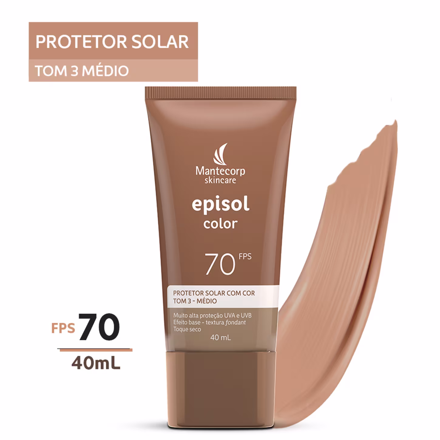 Protetor solar com cor Tom 3 Médio da linha Episol Color da Mantecorp. Cor marrom intensa com textura cremosa.