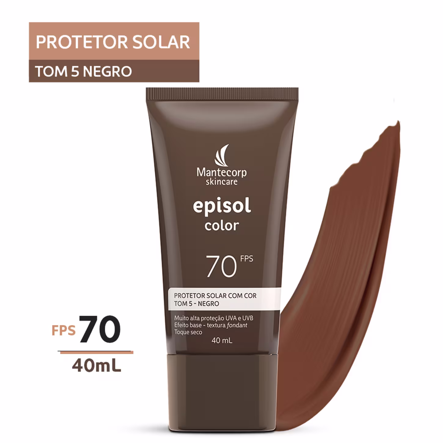 Protetor solar com cor Tom 5 Negro da linha Episol Color da Mantecorp. Cor marrom intensa com textura cremosa.
