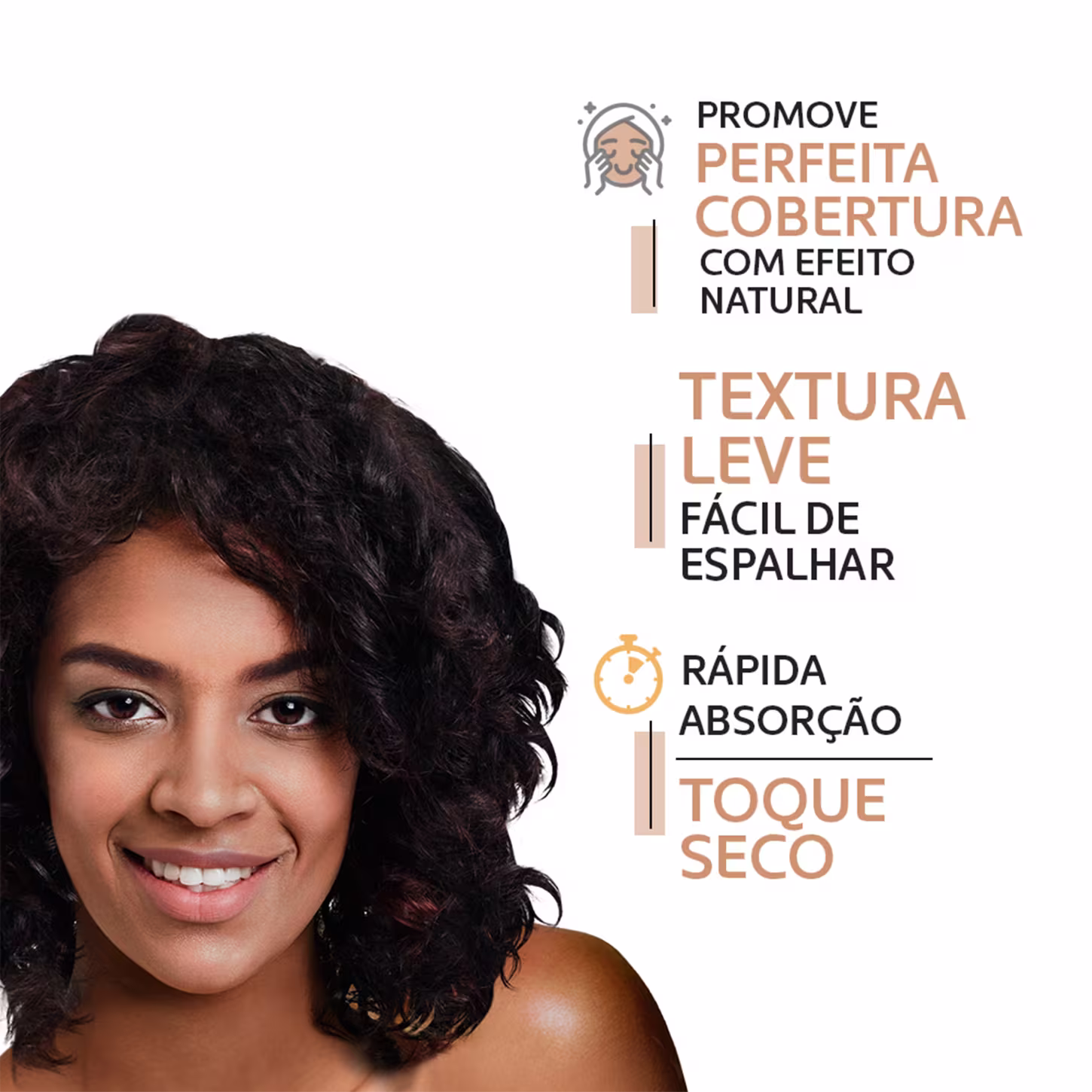 Apresenta textura leve e fácil de espalhar, com rápida absorção e toque seco. A imagem mostra uma mulher negra com cabelo volumoso e maquiagem natural.