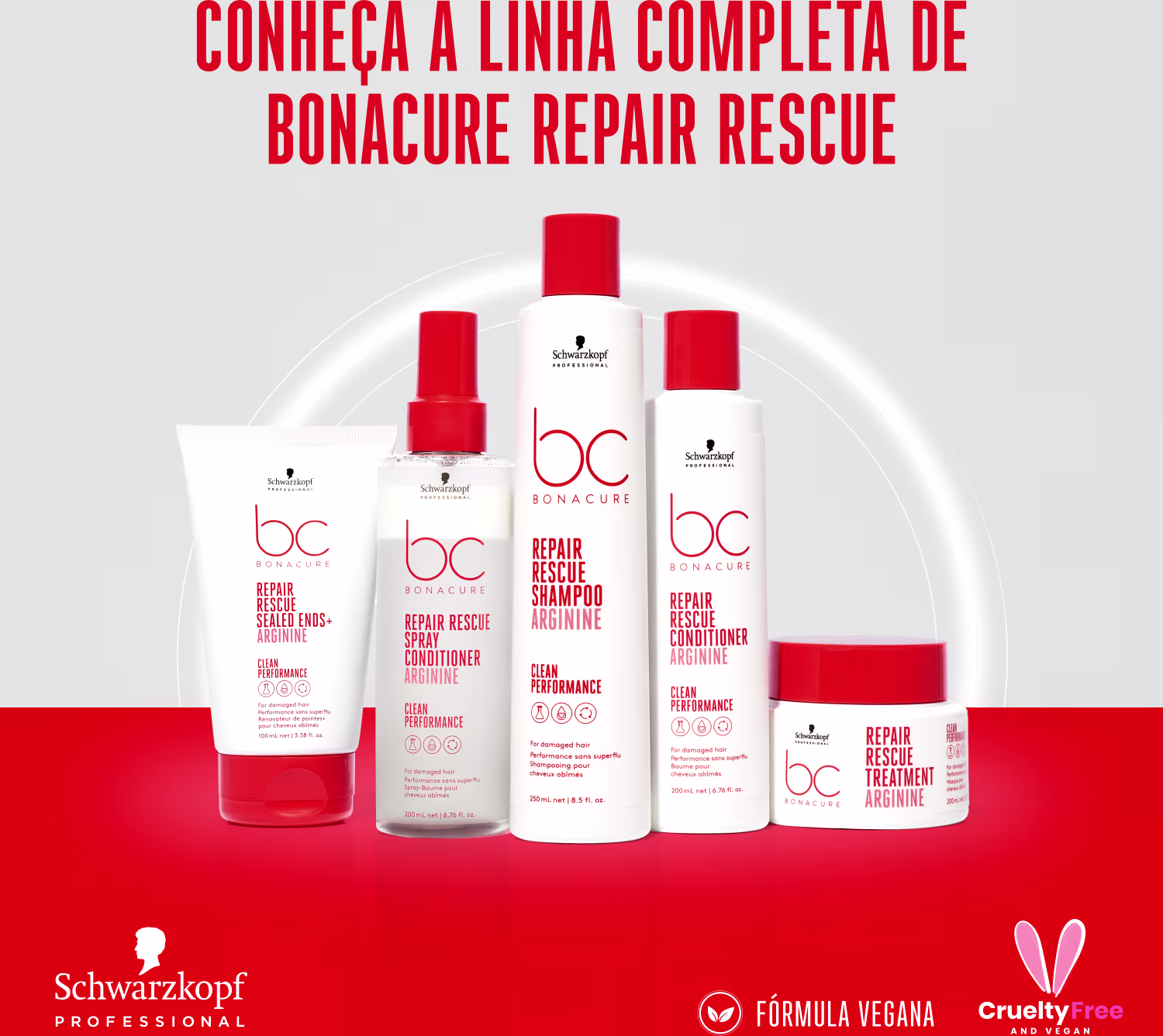 A imagem mostra a linha completa de produtos Bonacure Repair Rescue da marca Schwarzkopf Professional. São apresentados cinco frascos plásticos brancos com detalhes em vermelho, contendo diferentes produtos para tratamento capilar.