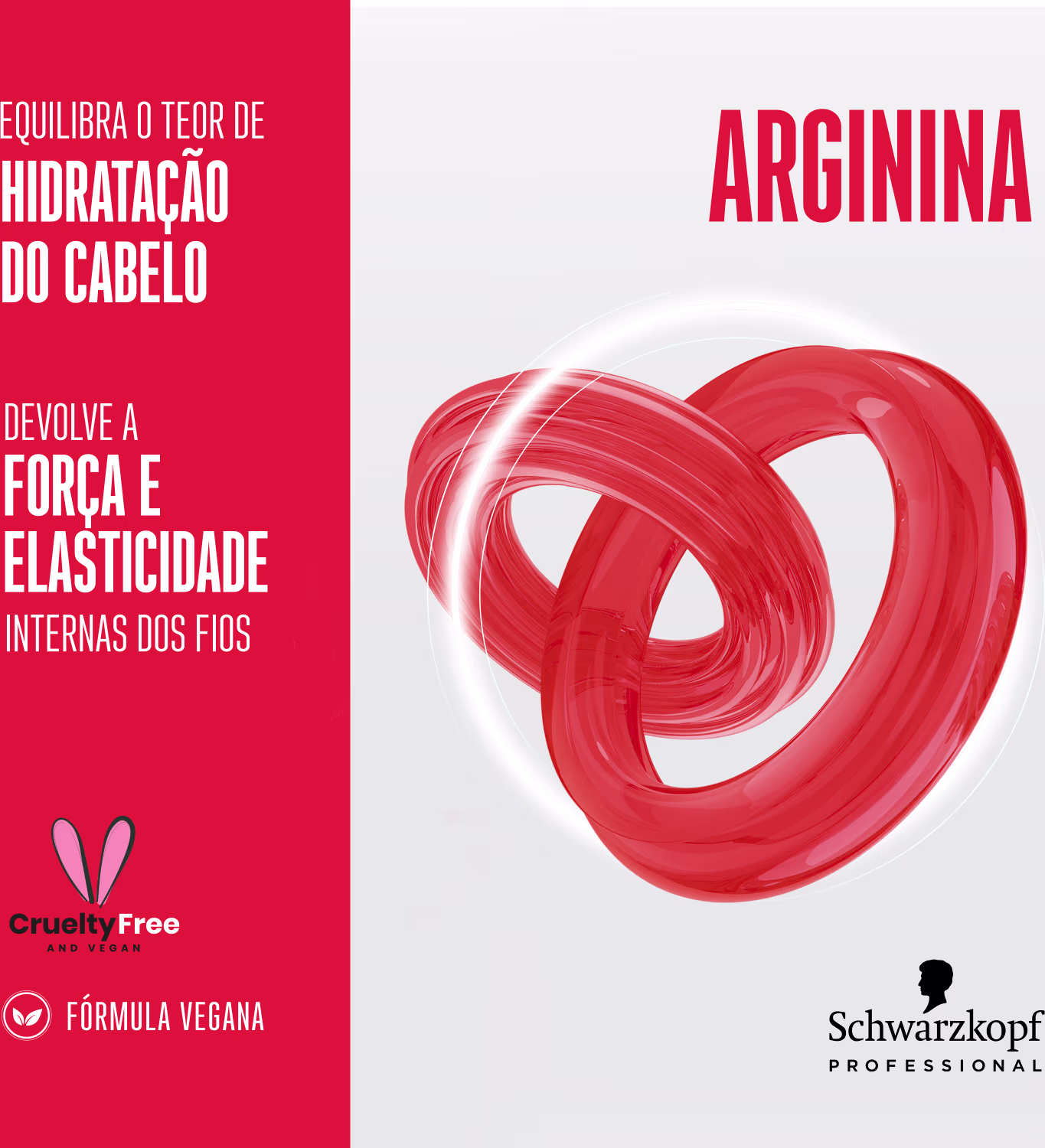 Texto destaca os benefícios de equilíbrio da hidratação e força/elasticidade dos fios concedidos pela Arginina. Rótulo indica fórmula vegana e selo "Cruelty Free and Vegan". Logotipo e nome da marca Schwarzkopf Professional estão presentes.