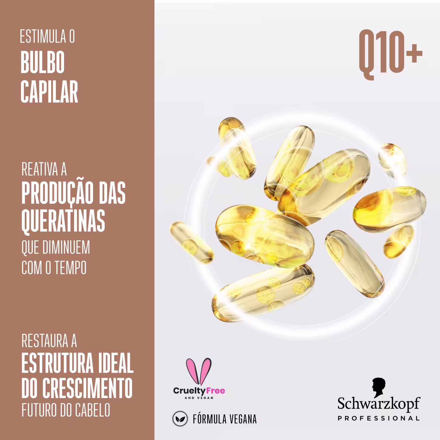 A imagem traz cápsulas gelatinosas amarelas translúcidas contendo um suplemento líquido e texto descrevendo que o produto estimula o bulbo capilar, reativa a produção de queratinas e restaura a estrutura ideal para o crescimento futuro do cabelo.