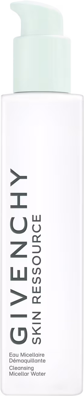 Frasco branco com bomba doseadora de cor clara, contendo produto de limpeza facial da marca Givenchy, com rótulo destacando "Eau Micellaire" e "Cleansing Micellar Water".