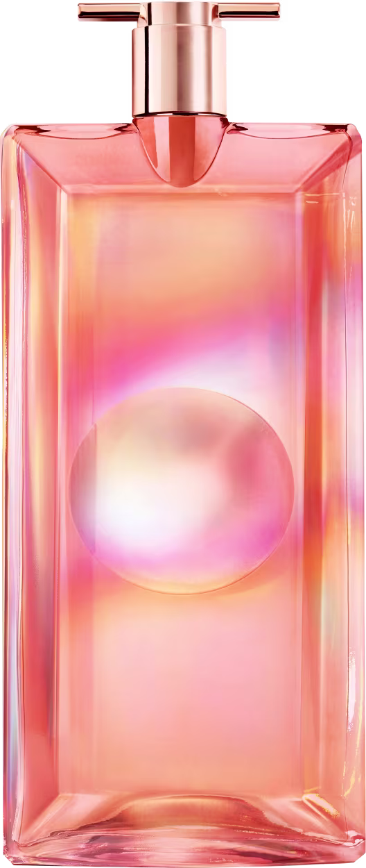 A imagem mostra o frasco do perfume Idôle Nectar: frasco retangular de vidro rosa transparente com degradê de cores quentes e efeito de luz. O frasco possui uma tampa e um pulverizador na cor cobre rosado metálico.