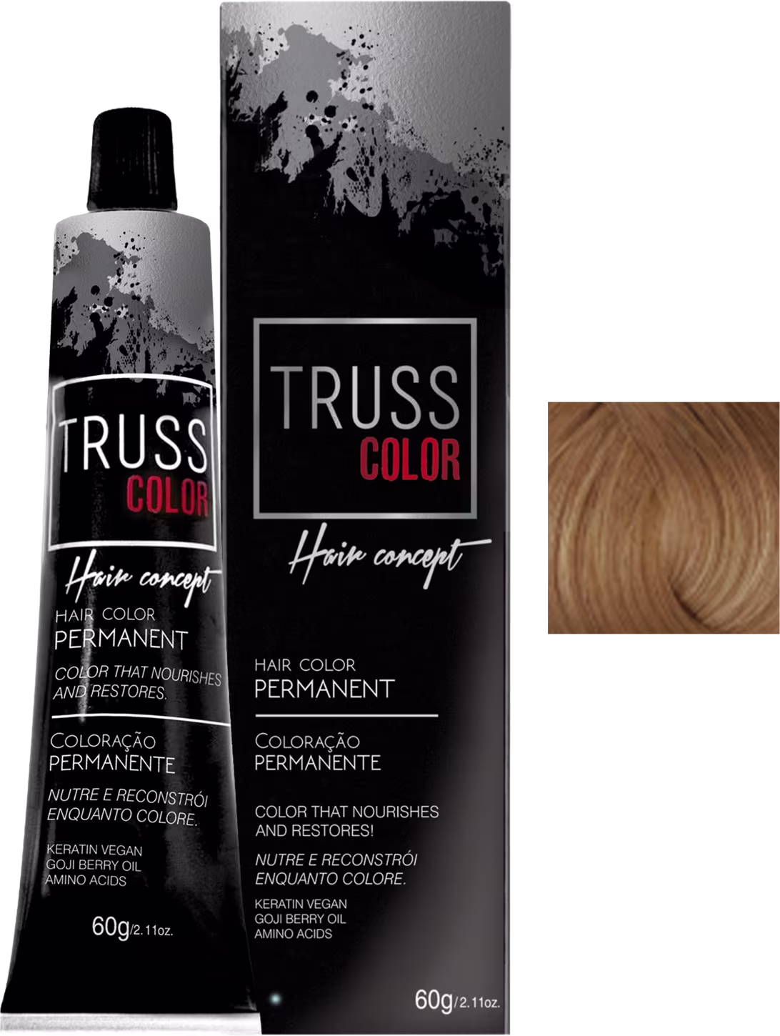 Trata-se de um produto de coloração permanente para cabelos da marca TRUSS COLOR, apresentado em um tubo de 60g e uma caixa preta com detalhes em vermelho. O produto é descrito como uma coloração que nutre e restaura os cabelos.